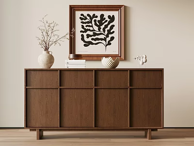 Wooden Cabinet Featuring White Vase Books Woven Basket And Black Abstract Painting On Beige Wall 3d model