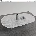 White Oval Perforated Coffee Table With Gray Vase And Square Object On Gray Carpet 3d model