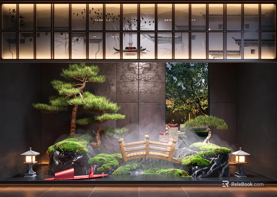 Traditional Chinese Indoor Landscape With Pine Trees Rock Formations Wooden Bridge Stone Lanterns And Mist 3d model 