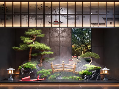 Traditional Chinese Indoor Landscape With Pine Trees Rock Formations Wooden Bridge Stone Lanterns And Mist 3d model