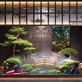 Traditional Chinese Indoor Landscape With Pine Trees Rock Formations Wooden Bridge Stone Lanterns And Mist