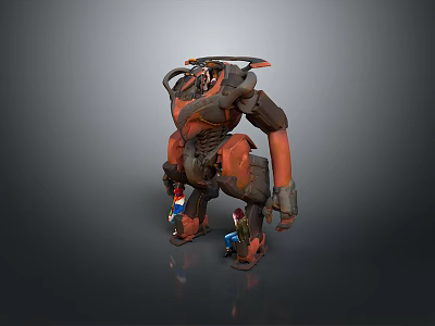 Detailed Giant Orange Black Mechanical Creature With Small Humanoid Characters Standing Nearby 3d model