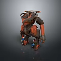 Detailed Giant Orange Black Mechanical Creature With Small Humanoid Characters Standing Nearby 3d model