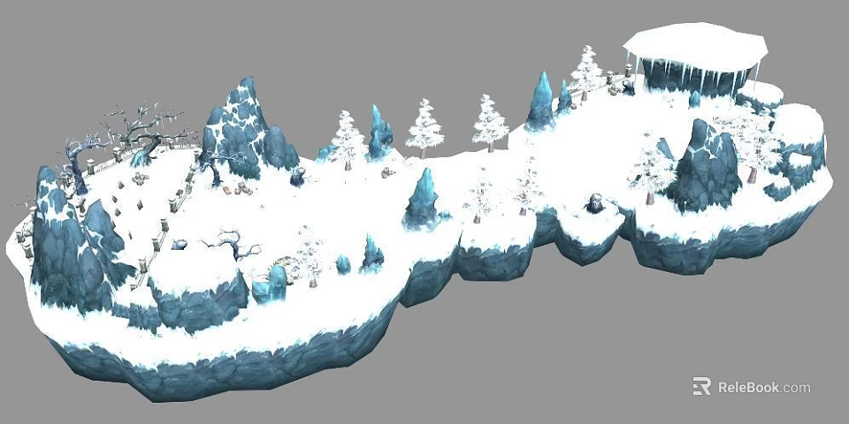 Winter Mountain Landscape With Snow Covered Cliffs Pointed Icebergs And Pine Trees 3d model