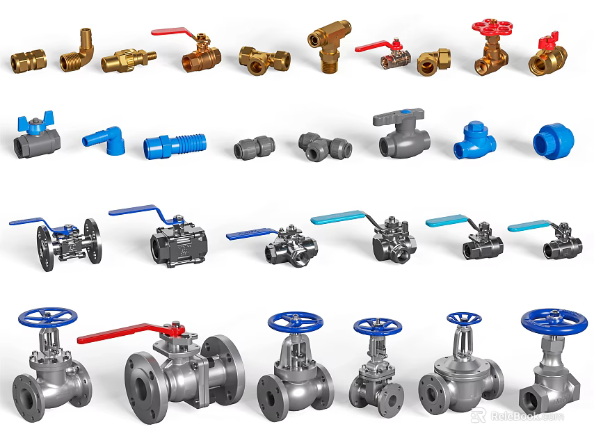 Various Types of Industrial Valves in Different Colors and Designs 3d model 
