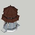 Traditional Chinese Pavilion With Three Tiered Brown Roof Black Pillars Platform Base And Person Inside
