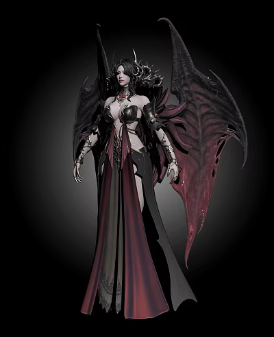 Female Game Movie Character With Black Red Wings And Metal Decorations In Fantasy Dark Style 3d model