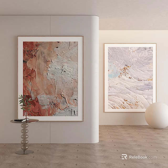 Abstract Paintings With Colorful Textures And White Frames In Modern Interior 3d model