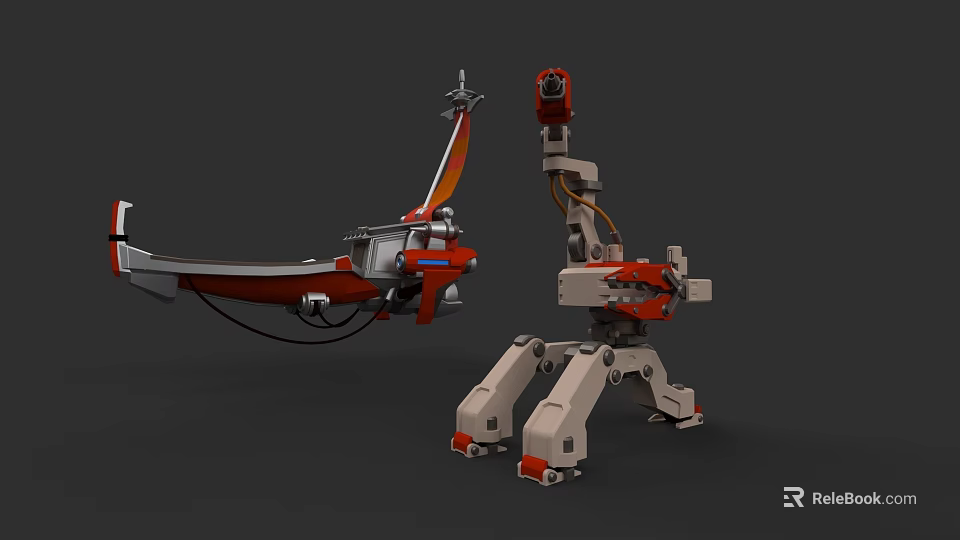Modern Office Desk With Red White Robot And Mechanical Arm Legs 3d model 