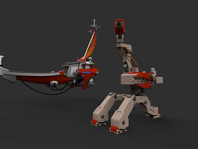 Modern Office Desk With Red White Robot And Mechanical Arm Legs 3d model