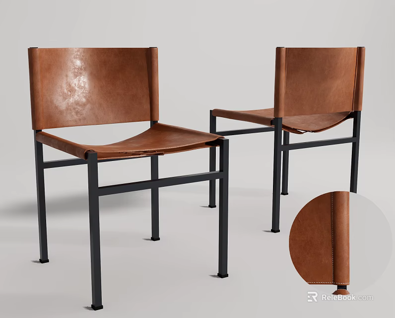 Leisure Chairs In Brown Leather With Black Metal Frame And Modern Design Details 3d model 