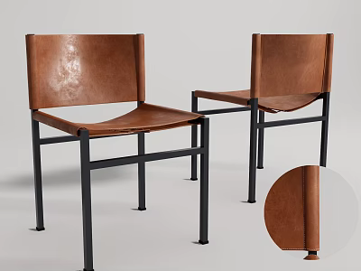 Leisure Chairs In Brown Leather With Black Metal Frame And Modern Design Details 3d model