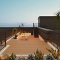 Roof Courtyard Garden With Wooden Deck White Table Chairs And Various Plants