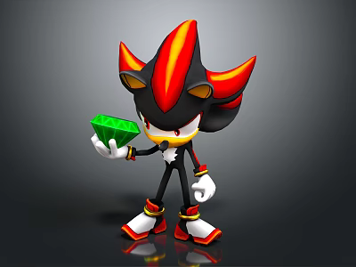 Black and Red Hedgehog Character Holding Green Gemstone Standing on Dark Surface 3d model