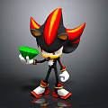 Black and Red Hedgehog Character Holding Green Gemstone Standing on Dark Surface