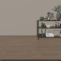 Multi Tiered Wooden Storage Shelf With Metal Frame And Decorative Items