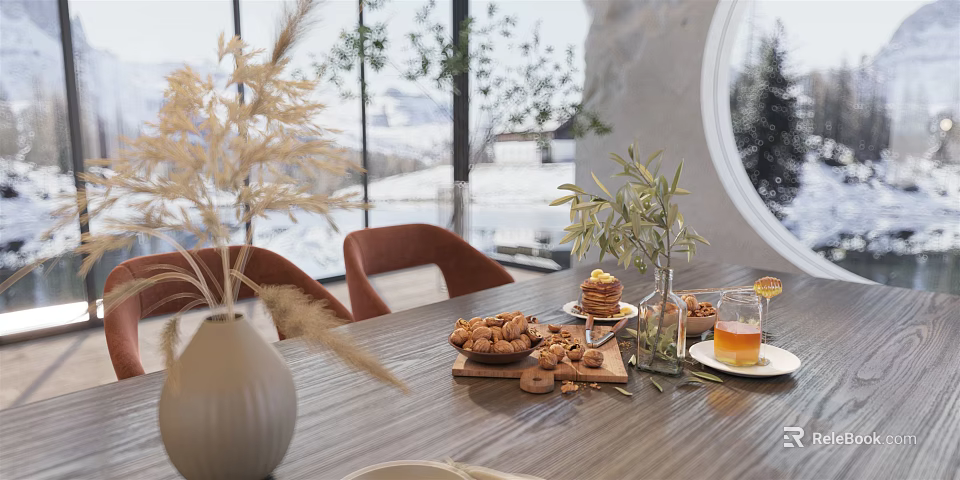 Cozy Restaurant Dining Table With Brown Chairs Cookies Tea Vase And Green Plants By Window 3d model 