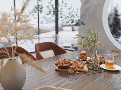 Cozy Restaurant Dining Table With Brown Chairs Cookies Tea Vase And Green Plants By Window 3d model