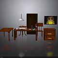 Wooden Interior Furniture Setup With Table Desk Chair Cabinet Lamp And TV