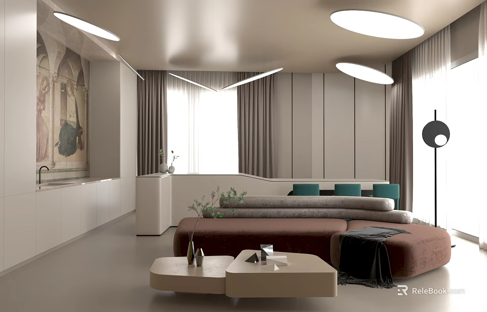 Modern Living Room Interior With Brown Sofa Double Coffee Tables Decorative Painting And Round Lighting 3d model 