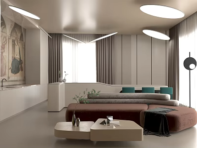 Modern Living Room Interior With Brown Sofa Double Coffee Tables Decorative Painting And Round Lighting 3d model
