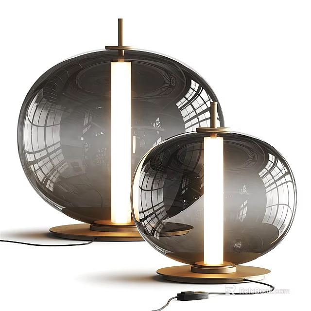 Modern Round Glass Shade Table Lamp with Golden Base and Illuminated Vertical Tube 3d model 
