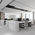 Modern Open Concept Public Office Area With White Desks Gray Chairs Large Windows Green Plants