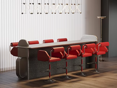 Modern Bar Counter Interior Design With Red Bar Stools Chandelier And Wooden Floor Blinds 3d model