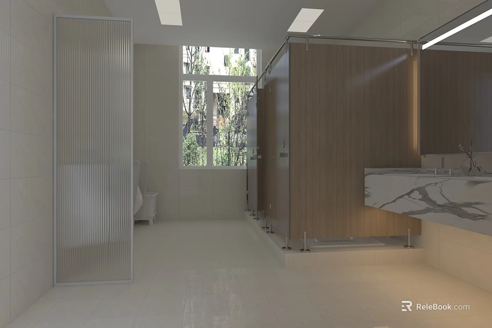 Modern Bright Spacious Public Toilet With Wooden Partitions Frosted Glass And Marble Wash Area 3d model 