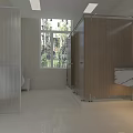Modern Bright Spacious Public Toilet With Wooden Partitions Frosted Glass And Marble Wash Area