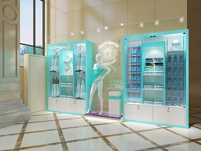 Elegant Modern Clothing Store Interior With Light Blue Display Cabinets And Mannequin 3d model