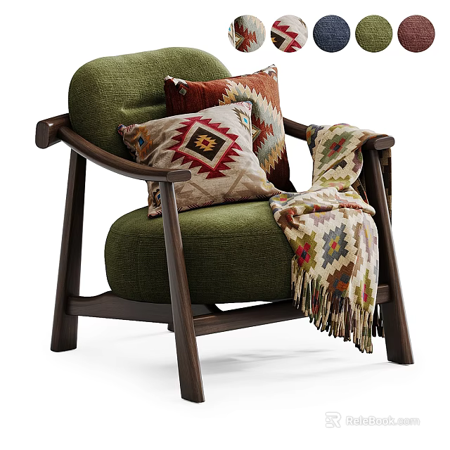 Green Upholstered Accent Chair With Dark Wood Frame Geometric Pillows And Woven Throw 3d model 