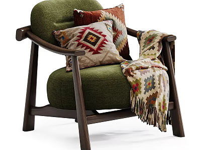 Green Upholstered Accent Chair With Dark Wood Frame Geometric Pillows And Woven Throw 3d model