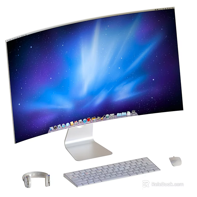 Curved Computer Monitor With Starry Blue Light Display And Keyboard Mouse Setup 3d model 