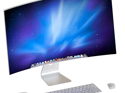 Curved Computer Monitor With Starry Blue Light Display And Keyboard Mouse Setup 3d model