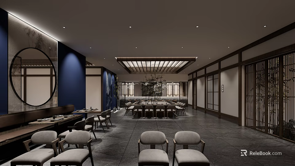 Traditional Modern Restaurant Interior With Wooden Grid Ceiling And Blue Accent Wall 3d model 