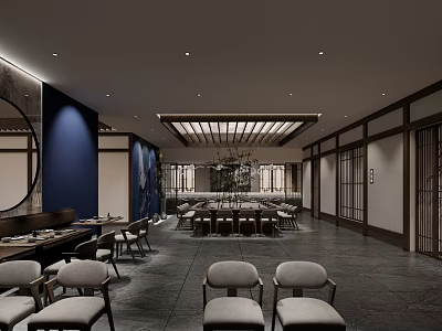 Traditional Modern Restaurant Interior With Wooden Grid Ceiling And Blue Accent Wall 3d model
