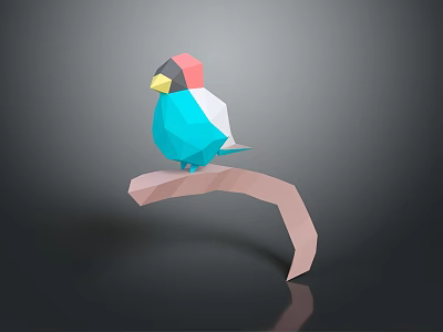 Low Poly Red White Blue Bird Perched on Branch with Dark Background 3d model