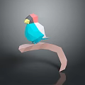 Low Poly Red White Blue Bird Perched on Branch with Dark Background 3d model