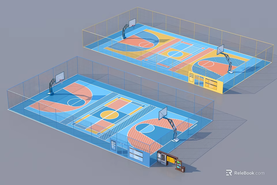 Colorful Indoor Dual Basketball Courts Design With Hoops And Fenced Layout 3d model 