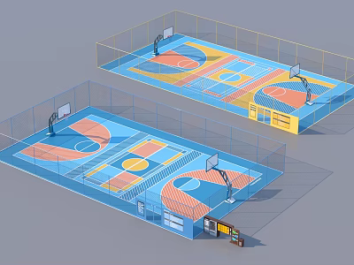 Colorful Indoor Dual Basketball Courts Design With Hoops And Fenced Layout 3d model