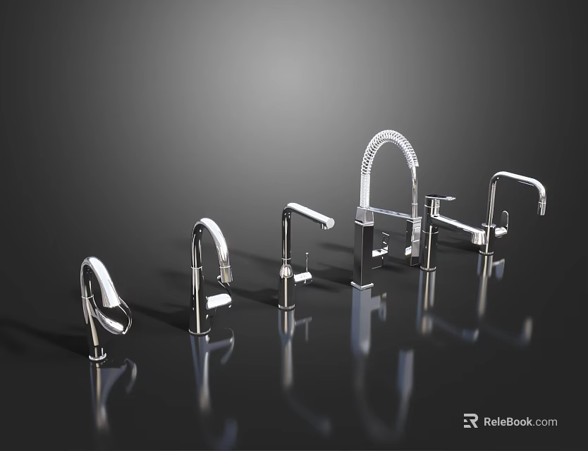 Various Modern Stainless Steel Faucet Designs On Display With Sleek Styles 3d model 