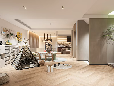 Modern Basement Interior With Play Tent And Furniture 3d model
