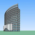 Modern High Rise Office Building With Curved Glass Facade And Corporate Logo