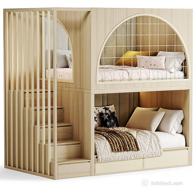 Wooden Kids' Bunk Bed With Stairs Upper Guard Rail Lower Pillows And Blanket Storage 3d model 