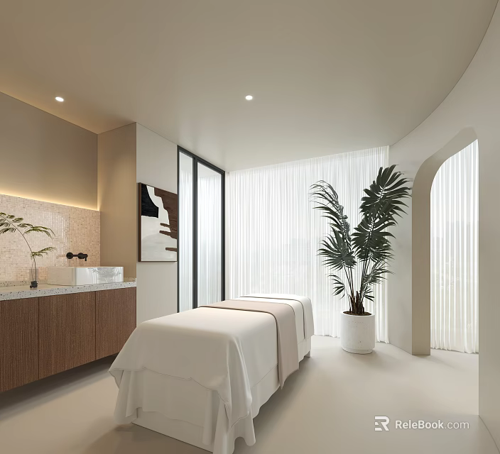 SPA Sauna Interior With Massage Bed Wooden Cabinets Potted Plant Large Windows And Soft Lighting 3d model 