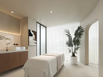 SPA Sauna Interior With Massage Bed Wooden Cabinets Potted Plant Large Windows And Soft Lighting 3d model