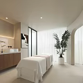 SPA Sauna Interior With Massage Bed Wooden Cabinets Potted Plant Large Windows And Soft Lighting