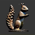 Squirrel Sculpture Carving With Detailed Craftsmanship Standing Pose Fluffy Tail And Holding Nut
