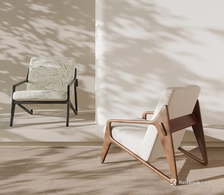 Modern Leisure Chairs With Upholstered Seats Wooden Frames And Shadow Patterns On Light Colored Walls 3d model 